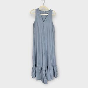 Tibi Ruffle Hem Jumpsuit Womens 2 Blue Gray Twill Wide Leg Sleeveless V-Neck RTR
